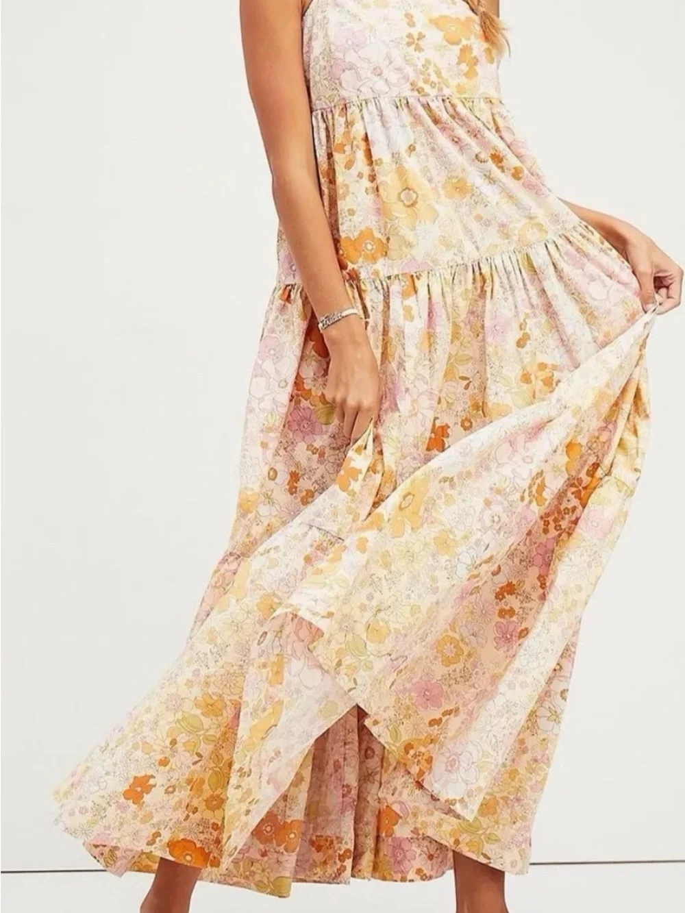 Free People Park Slope Pink, Orange & Yellow Floral Tiered Maxi Dress